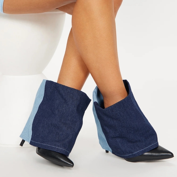 NWT Keep It Smooth Colorblock Denim Heeled Fashion Nova Black Booties in Size 8 - Picture 4 of 7